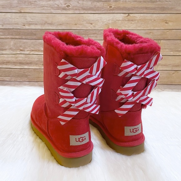 UGG Shoes - UGG Bailey Bow Diagonal Stripes Poppy Red Boots